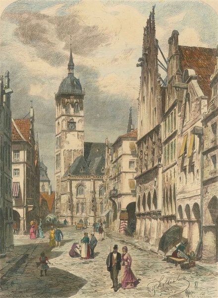 Münster. - Ansicht der Lambertikirche und Rathaus. - "Rathhaus und Lambertikirche zu Münster in Westfalen".