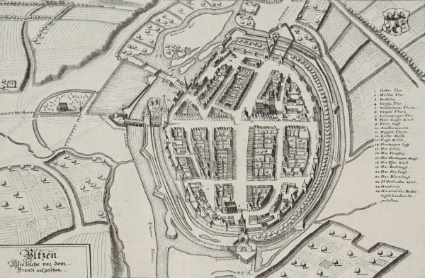 Uelzen. - Panoramaansicht. - Merian. - "Oltzen wie solche vor dem Brandt ausgesehen".