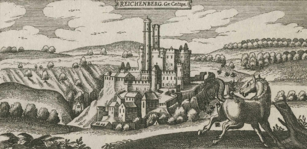 Reichenberg (Rheinland). - Gesamtansicht mit Burg. - Meisners Schatzkästlein / Sciographia Cosmica. - "Reichenberg Gr. Catzen".