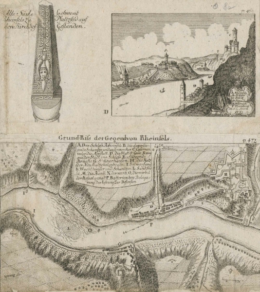 Sankt Goar. - Burg Rheinfels. - Karte und Ansicht. - "Grund-Riss der Gegend von Rheinfels".