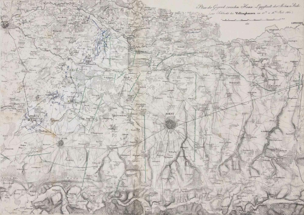 Vellinghausen. - "Plan der Gegend zwischen Hamm, Lippstadt, der Möhne und Ruhr, zur Schlacht bei Vellinghausen am 15ten u. 16ten Juli 1761".