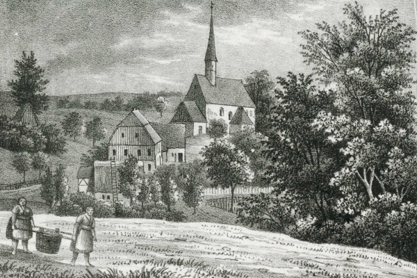 Bühlau (Großharthau). - Gesamtansicht mit Pfarrkirche. - Sachsens Kirchen-Galerie. - "Bühlau".