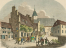 Mölln. - Teilansicht. - "Der Marktplatz in Mölln mit dem Rathause und dem Aufgang zur Domkirche, Till Eulenspiegels Begräbnißstätte".