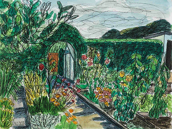 Petersdorff, Gudrun  -  "Garten mit Bogen und Blumen"