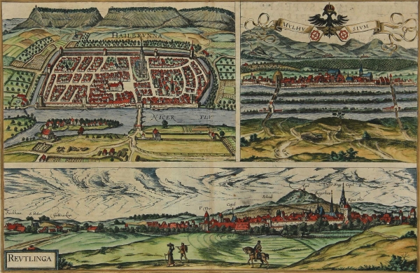 Heilbronn / Mühlhausen (Elsass) / Reutlingen . - Vogelschau. - Braun & Hogenberg. - "Hailbrunna / Mulhusium / Reutlinga".