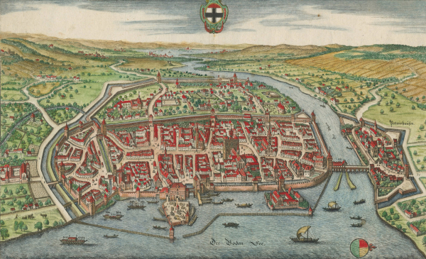 Konstanz. - Vogelschau. - Merian. - "Eigentliche Contrafactur der Statt Costantz am Bodensee (...).".