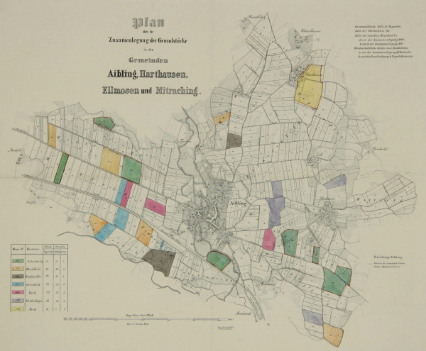 Bad Aibling. - "Plan über die Zusammenlegung der Grundstücke in den Gemeinden Aibling, Harthausen, Ellmosen und Mitraching".