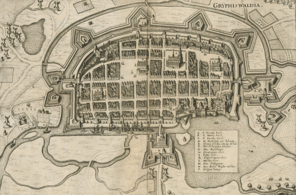 Greifswald. - Vogelschau. - Merian.- "Gryphiswaldia".