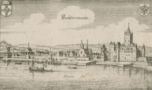 Kaiserswerth (Düsseldorf). - Stadtpanorama. - Merian. - "Keyserswerdt".