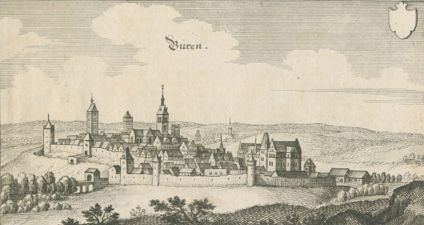 Büren. - Stadtpanorama. - Merian. - "Buren".