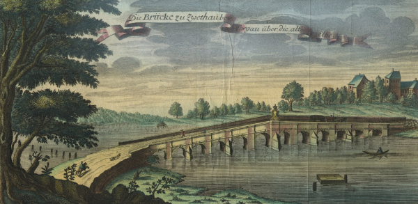 Zwethau (Großtreben-Zwethau). - "Die Brücke zu Zwethau bey Torgau über die alte Elbe".