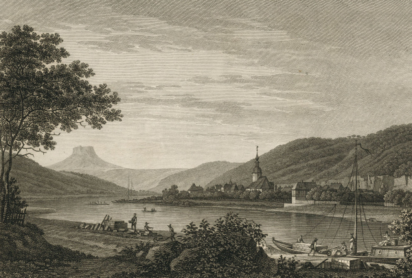 Bad Schandau (Sächsische Schweiz). - Gesamtansicht. - Christian Gottlob Hammer.  - "Vue de la Ville de Schandau sur l´ Elbe"