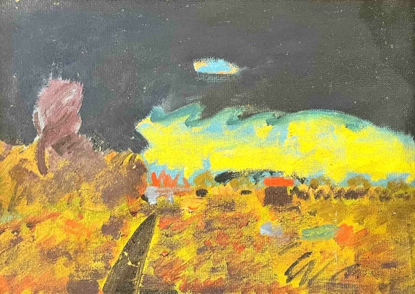 Frenzel, Roland  -  "Nachtlandschaft in gelben Licht mit blauer Wolke"