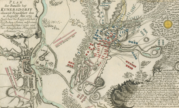 Kunersdorf. - Gefechtsplan. - Siebenjähriger Krieg. - "Plan der Bataille bey Kunersdorf ohnweit Franckfurt den 12 Augusty Ano 1759"