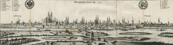 Magdeburg. - Gesamtansicht. - Merian. - "Magdebvrgvm in flore".