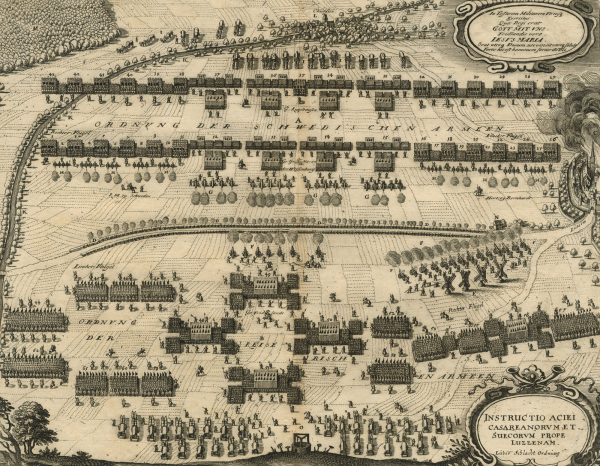 Lützen. - Schlachtplan. - Merian. - "Instructio Aciei Casareanorvm et Suecorvm Prope Luzzenam. Lützer Schlacht Ordnung".