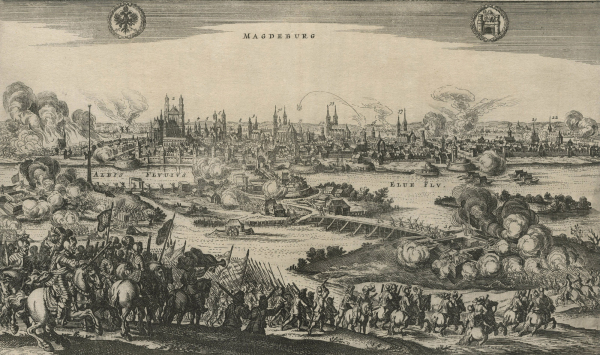 Magdeburg. - Schlachtszenerie. - Merian. - "Magdeburg".