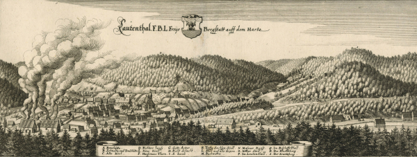 Lautenthal (Langelsheim). - Panoramaansicht. - Merian. - "Lautenthal F.B.L. Freye Bergstatt auff dem Hartz".