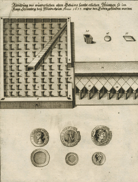 Stromberg (Hunsrück). - Gesamtansicht. - Merian. - "Abbildung des wunderlichen alten Gebäws sambt etlichen Müntzen...".