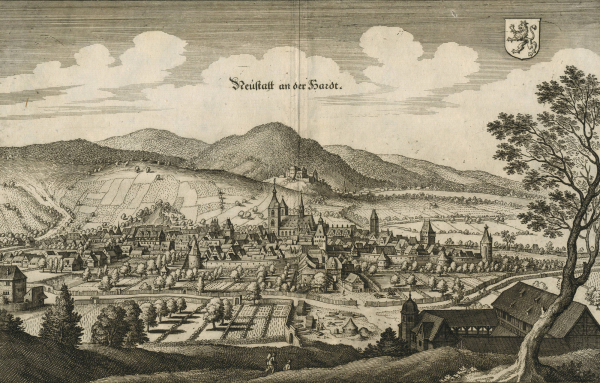 Neustadt an der Weinstraße. - Gesamtansicht. - Merian. - "Neustatt an der Hardt".