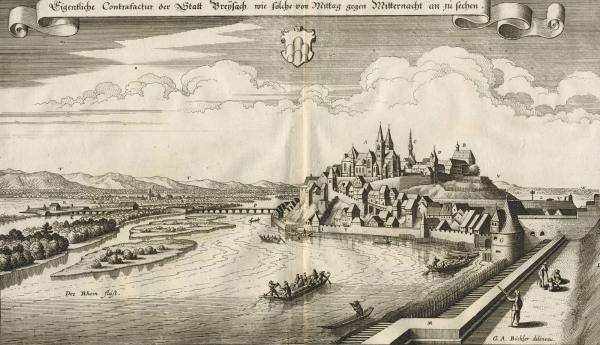 Breisach am Rhein. - Gesamtansicht. - Merian. - "Eigentliche Contrafactur der Statt Breysach, wie solche von Mittag gegen Mitternacht an zu sehen".