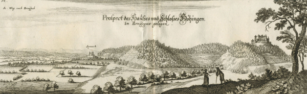 Burg Höhingen (Vogtsburg im Kaiserstuhl). - Gesamtansicht. - Merian. - "Prospect des Hauses und Schlosses Höhingen. Im Breysgaw gelegen".