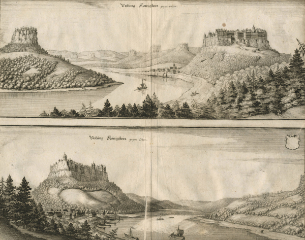 Festung Königstein. - Gesamtansicht. - Merian. - "Festung Königstein gegen Westen. Festung Königstein gegen Osten.".