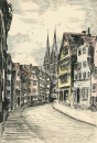 Kassel. - Altstadt. - "Schäfergasse mit Blick auf Pferdemarkt und St. Martinstürme Alt-Kassel".