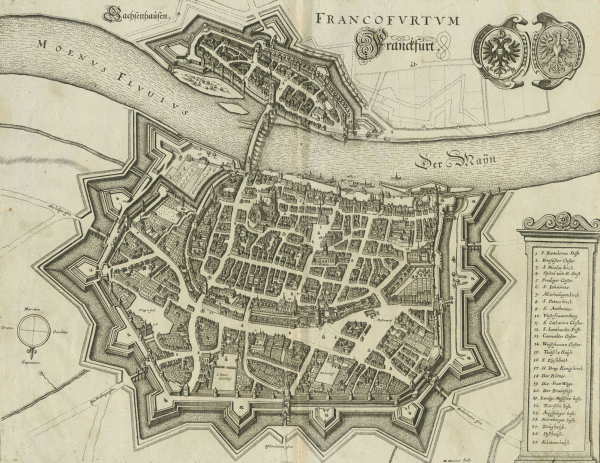 Frankfurt am Main - Vogelschau. - Merian. - "Francofvrtvm. Franckfurt".