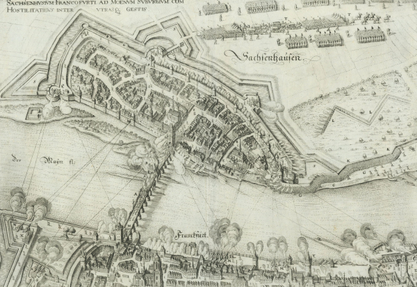 Sachsenhausen. Frankfurt. - Vogelschau. - Merian. - "Sachsenhvstvm Francofvrti ad Moenvm svbvrbivm".