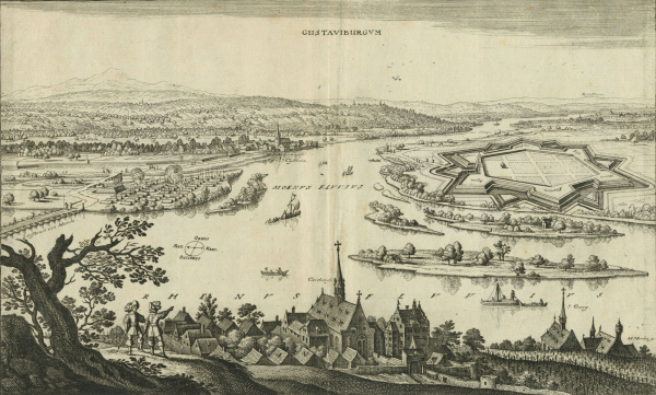 Ginsheim-Gustavsburg. - Gesamtansicht. - Merian. - "Abriß und Gelegenheit der newerbawten Schwedischen Festung Gustavusburg undten am auslauff des Mayns in den Rhein ".