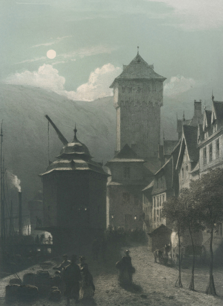 Boppard. - nächtliche Straßenszene mit Burgturm. - P. Lauters. - "Boppart".