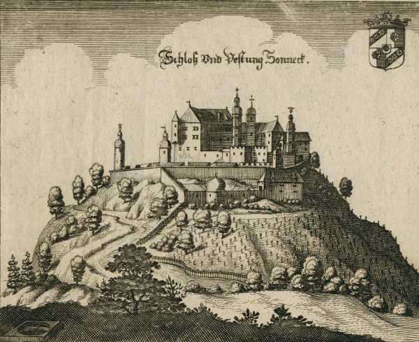 Sonnegg. - Gesamtansicht. - Merian. - "Schloß und Festung Sonneck".