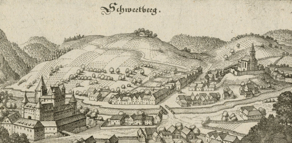 Schwertberg. - Gesamtansicht. - Merian. - "Schwertberg".