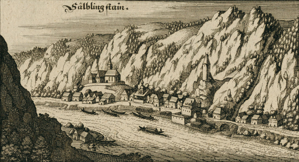 Sarminstein (St. Nikola an der Donau). - Gesamtansicht. - Merian. - "Sälbingstain".