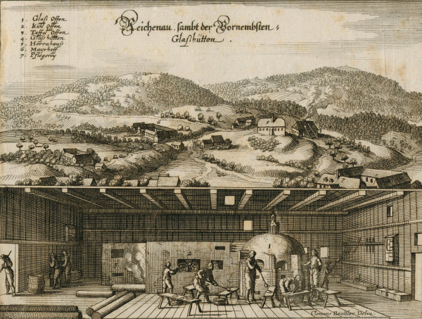 Reichenau am Freiwald. - Doppelansicht. - Merian. - "Reichenau, sambt der Vornembsten Glasshütten".