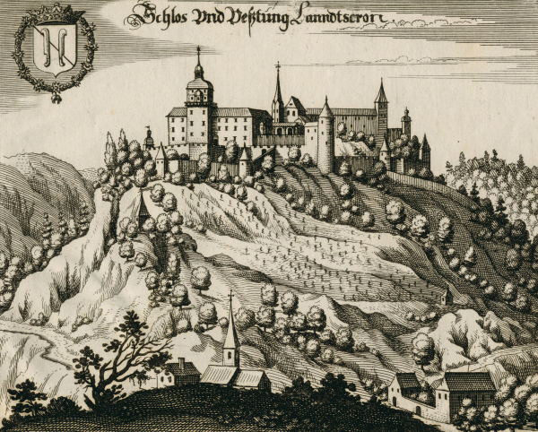 Landskron. - Gesamtansicht. - Merian. - "Schloss und Feßtung Lanndtscron".