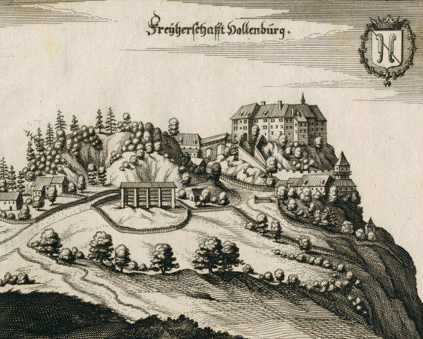 Hollenburg (Köttmannsdorf). - Gesamtansicht. - Merian. - "Freyherschafft Hollenburg".