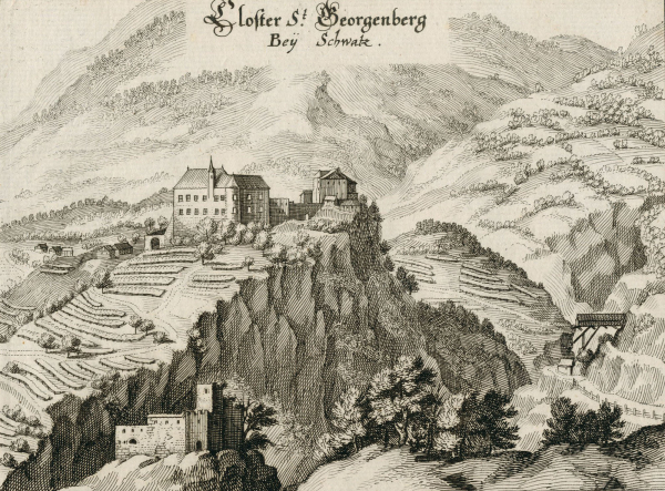 Kloster St. Georgenberg. - Gesamtansicht. - Merian. - "Closter St. Georgenberg Bey Schwatz".