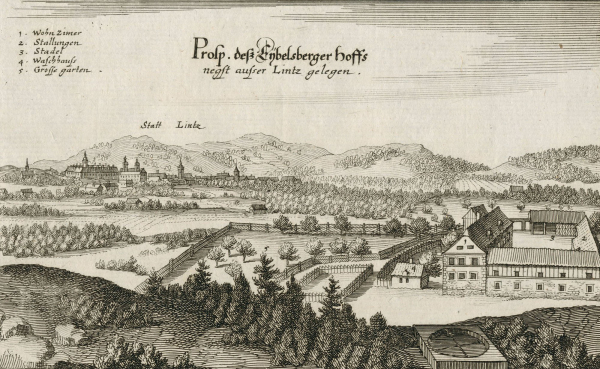 Ebelsberg (Linz). - Gesamtansicht. - Merian. - "Prosp deß Eybelsberger Hoffs negst ausser Lintz gelegen".